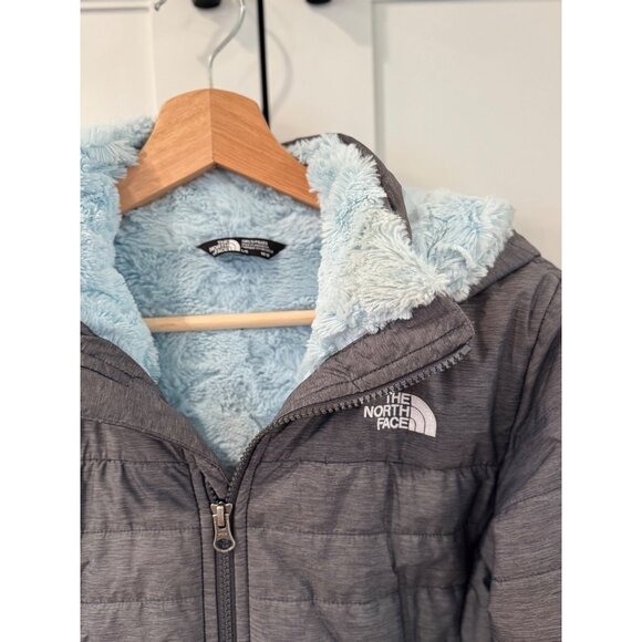 North Face Girls Jacket with Hood Mossbud Swirl Gray Size Large Coat 14/16 Blue - Picture 3 of 7